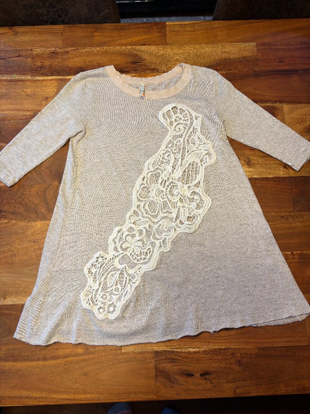 Free People Heathered Grey Crochet Lace Tunic Top 3/4 Sleeve Boho - Small